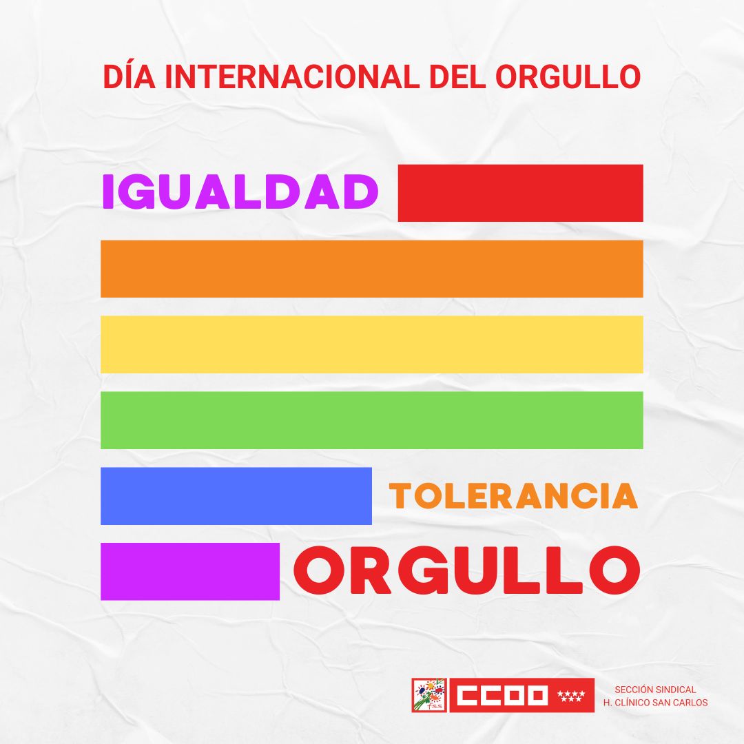 CCOO HClínicoSCarlos (@ccoohcsc) on Twitter photo Este #28Junio celebramos el día del orgullo, pero también recordamos que aún queda mucho por conquistar.
Desde CCOO trabajamos por un mundo laboral libre de odio y discriminación.
❤️🧡💛💚💙💜
Porque la diversidad no es un eslogan.
<a href="/CCOOSanidadMad/">CCOO Sanidad Madrid</a> <a href="/zupo21/">Mariano Martín ✊</a> #LGTBI+ Este #28Junio celebramos el día del orgullo, pero también recordamos que aún queda mucho por conquistar.
Desde CCOO trabajamos por un mundo laboral libre de odio y discriminación.
❤️🧡💛💚💙💜
Porque la diversidad no es un eslogan.
<a href="/CCOOSanidadMad/">CCOO Sanidad Madrid</a> <a href="/zupo21/">Mariano Martín ✊</a> #LGTBI+