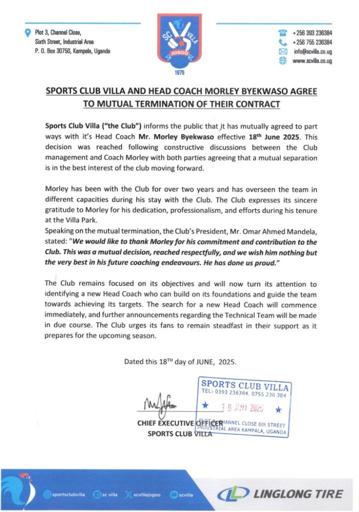 EdwinKyleKule's tweet image. #KyleReports: @UPL record champions SC Villa have parted ways with head coach Morley Byekwaso.

#UPLwithKyle | #KawowoUpdates