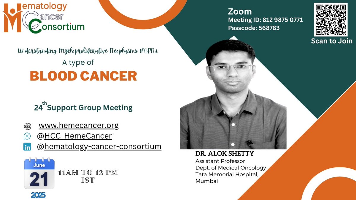 📣 Blood cancer patients, caregivers, and clinicians—this one’s for you.
Join us for the 24th Patient Support Group Meeting by HCC.
We’re breaking down Myeloproliferative Neoplasms (MPN)—a lesser-known but critical blood cancer.
🧵👇