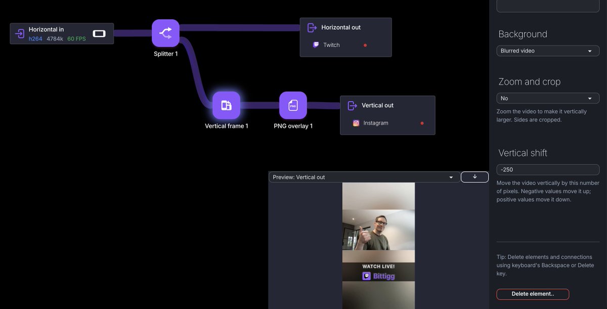 streamruncom's tweet photo. The Vertical Frame element automatically turns your horizontal stream into a portrait one. And now you can adjust the vertical position to frame it just right ↕️ #horizontal #vertical #streaming #dualformat https://t.co/nzIGSGFjHO