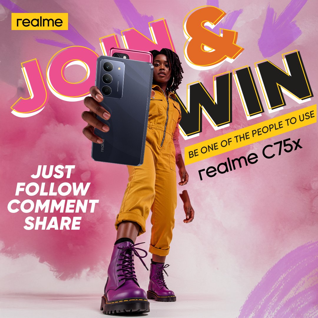 Be one of the people to use the brand new realme C75x
How to win :
1 - Follow us on X, Facebook, Instagram and TikTok.
2 - Comment with the #realmeC75X
3 - Repost and tag 3 of your friends.

5 winners will be selected randomly to win.
Don’t miss out!