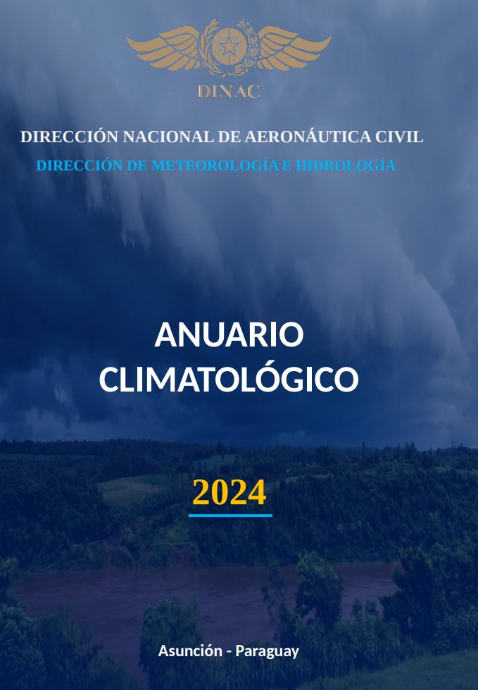 DMH_paraguay's tweet photo. Ya se encuentra disponible el Anuario Climatológico 2024, el cual contiene el resumen estadístico anual de las variables meteorológicas más relevantes registradas en las estaciones meteorológicas del país.🆕
📅 19/06/2025 | 🕘 08:15
🔗 Más info: https://t.co/nQvhBjOAGX https://t.co/hNcVw7okyV
