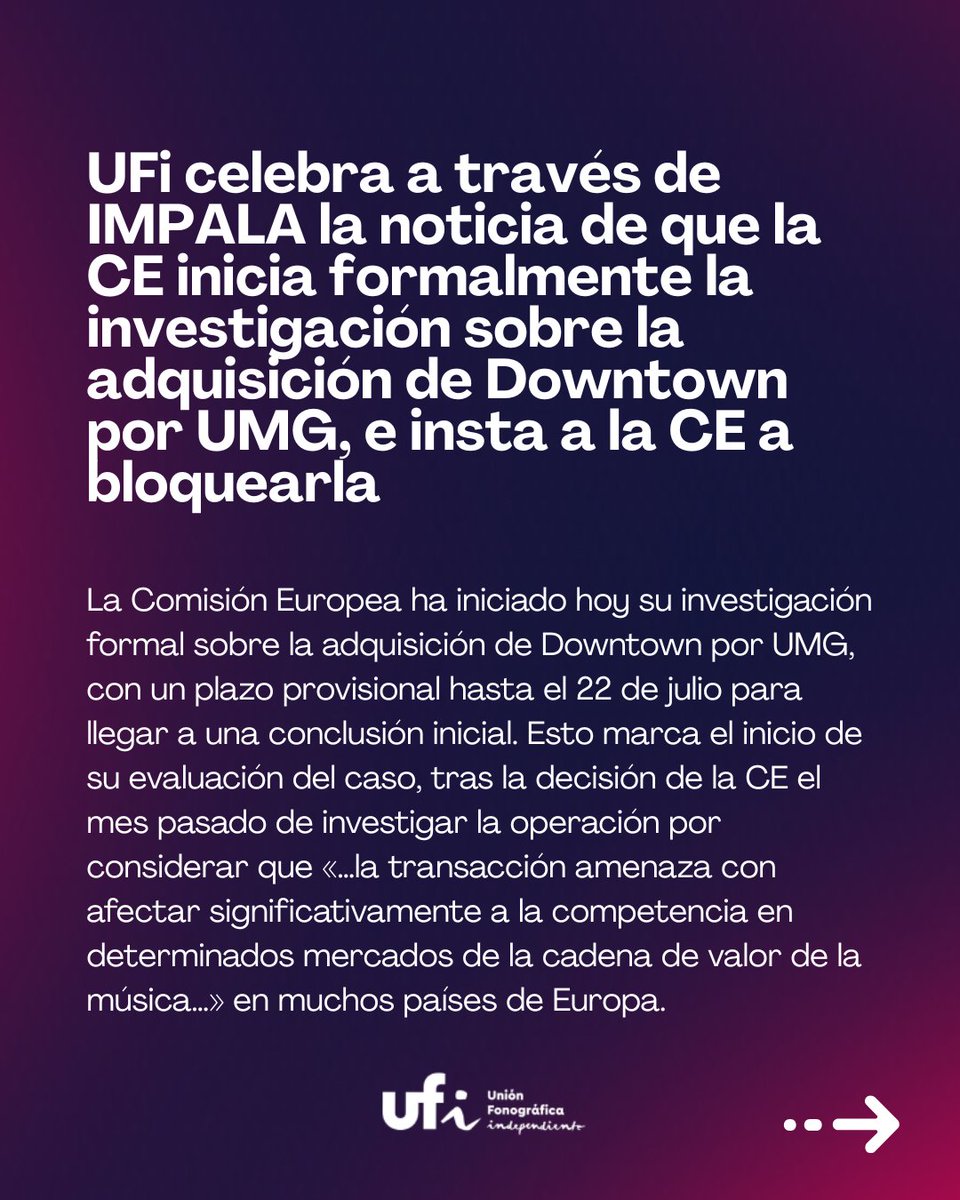 UFi (@ufimusica) on Twitter photo Celebramos que la CE investigue la compra de Downtown por UMG. Orgullosos de que @teresaribera lidere el proceso, con <a href="/AuroreLalucq/">Aurore Lalucq 🇪🇺</a> y voces europeas por la diversidad. Necesitamos un mercado justo y sellos independientes fuertes.
#ApoyaLaMúsicaIndependiente Celebramos que la CE investigue la compra de Downtown por UMG. Orgullosos de que @teresaribera lidere el proceso, con <a href="/AuroreLalucq/">Aurore Lalucq 🇪🇺</a> y voces europeas por la diversidad. Necesitamos un mercado justo y sellos independientes fuertes.
#ApoyaLaMúsicaIndependiente