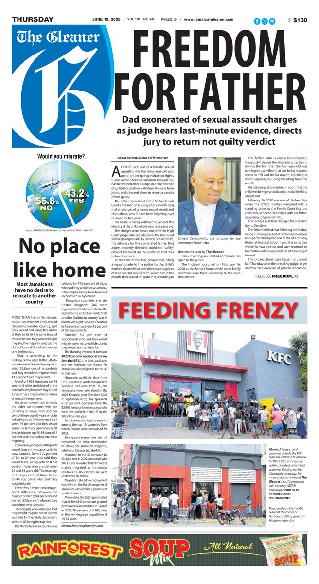 Thursday’s front page of The Gleaner. Pick up a copy or read online: jamaica-gleaner.com