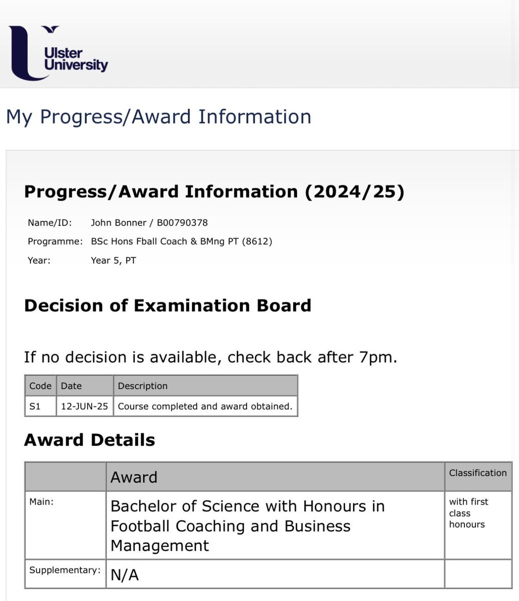 JohnBonnerCoach's tweet photo. Unbelievably proud of myself that after 5 years of coaching, working and uni that it’s all been worth it. 
Graduating from @UlsterUni with a First class honours in BSc Football Coaching and Business Management⚽️ https://t.co/Iqdy7y4F4E