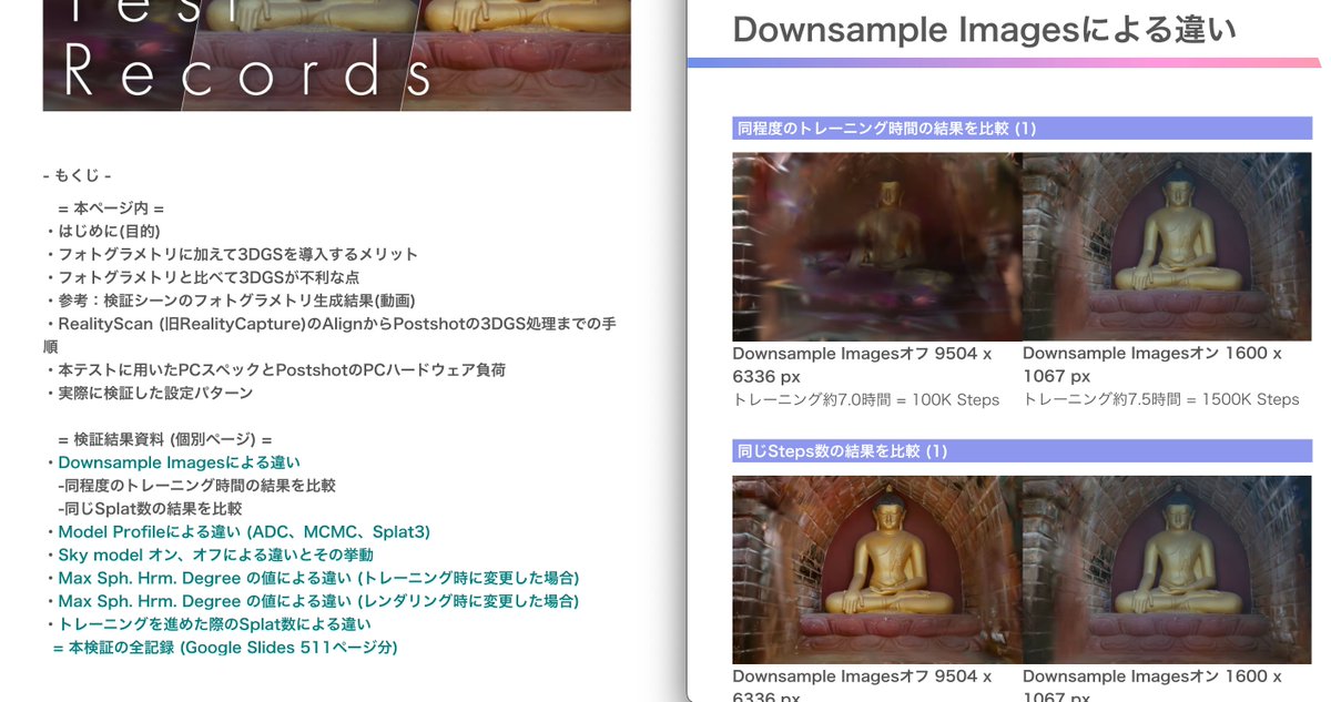 begin3d's tweet image. Postshotの3D Gaussian Splattingの各設定をひたすら実行 &amp;amp; 記録した資料をアップしました。
気絶しながら記録つけてたら500ページ超えました。
RealityScanユーザー様のお役に立でば嬉しいです。
3DGS初心者としてやってることですが内容はJawsetさんにご指導いただいてます。
リンクはツリーへ