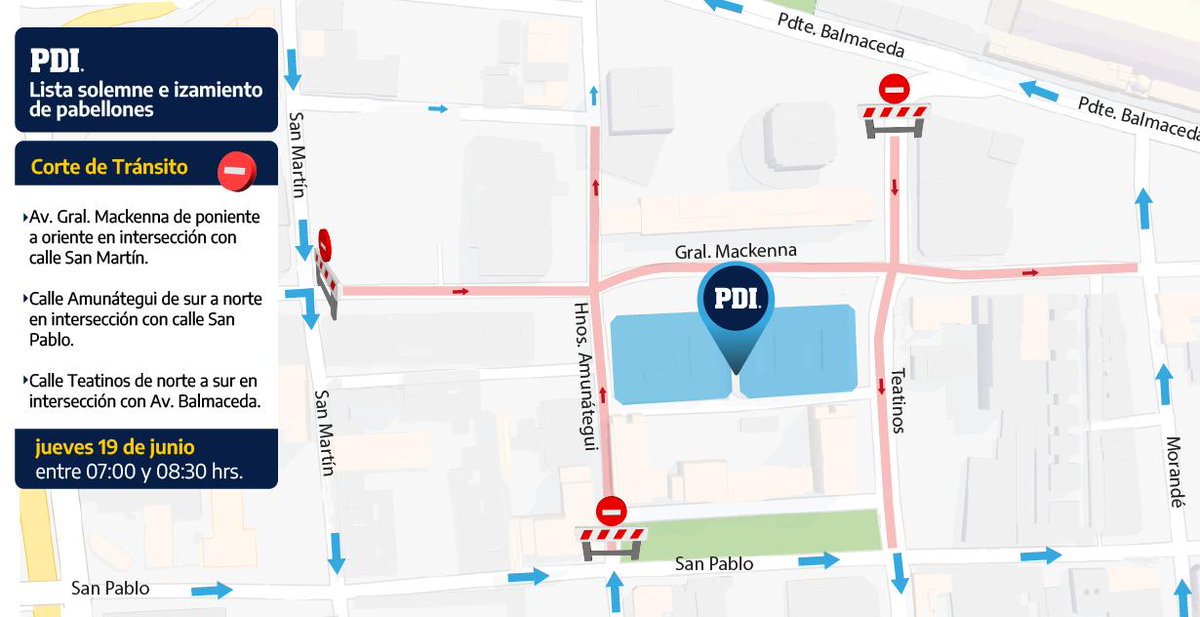 PDI_CHILE's tweet photo. ¡Muy bueno días! 

En el marco del 92° Aniversario de nuestra institución, hoy se realizará la tradicional Lista Solemne e izamiento de pabellones en el Cuartel General de la PDI.  Por ello, entre las 7:00 y 8:30 a.m., habrá cortes de tránsito en Santiago Centro.  

Revisa los desvíos en este mapa 👇🏽

 #92AñosPDI #AniversarioPDI
