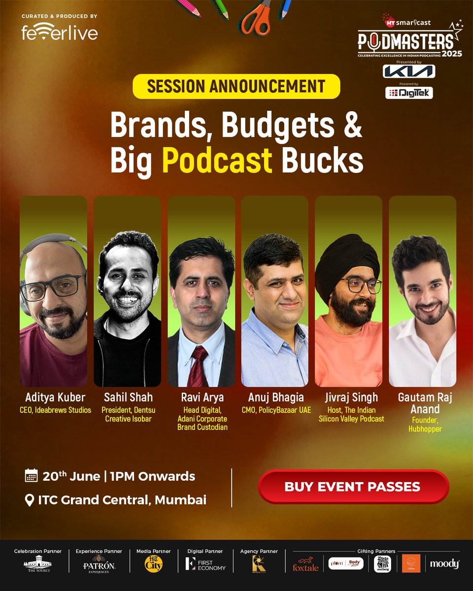 HT Smartcast (@htsmartcast) on Twitter photo 💰 Mic check... now let’s talk cheques!
Join us for "Brands, Budgets & Big Podcast Bucks" — where podcasting meets power moves and paid partnerships 🎙️💼
Buy your event passes now! events.htmedia.in/podmasters2025
#Podmasters2025, #HindustanTimes, #HTSmartcast, #FeverFM, #PodcastAwards 💰 Mic check... now let’s talk cheques!
Join us for "Brands, Budgets & Big Podcast Bucks" — where podcasting meets power moves and paid partnerships 🎙️💼
Buy your event passes now! events.htmedia.in/podmasters2025
#Podmasters2025, #HindustanTimes, #HTSmartcast, #FeverFM, #PodcastAwards