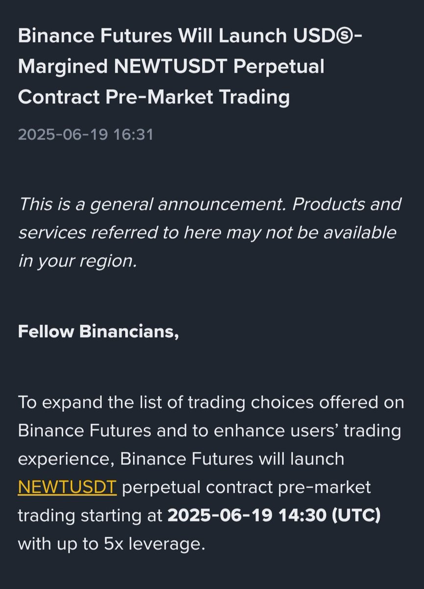 💥 <a href="/MagicNewton/">Newton</a> on <a href="/binance/">Binance</a> Futures Pre-Market

📆Pre-Market - Today
⏰8PM IST

🪙 $NEWT
🪙Total supply - 1B

🤔Crazy to see $NEWT on pre market
❌No listing &amp; TGE yet

😂Previously Binance Pre-Market was <a href="/Scroll_ZKP/">Scroll</a>

💙Like
🔁RT
