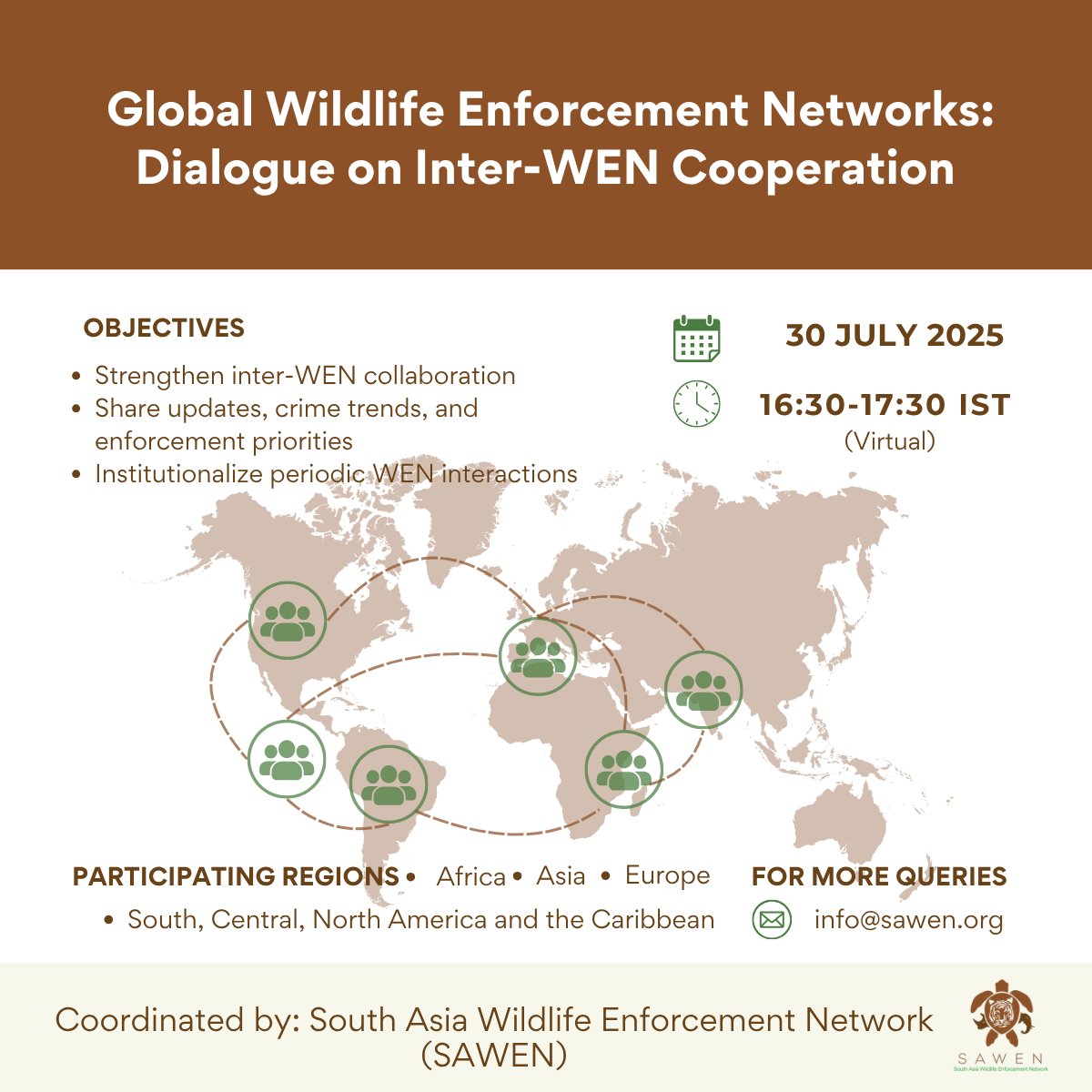 SAWENsec's tweet image. 🌐 Save the date!
📅 30 July 2025 | 16:30 Indian Standard Time
Global #WENDialogue2025 is back, uniting Wildlife Enforcement Networks to strengthen global action against #WildlifeCrime.
#SAWEN #ICCWC #CITESCoP20 #Conservation #WildlifeEnforcement