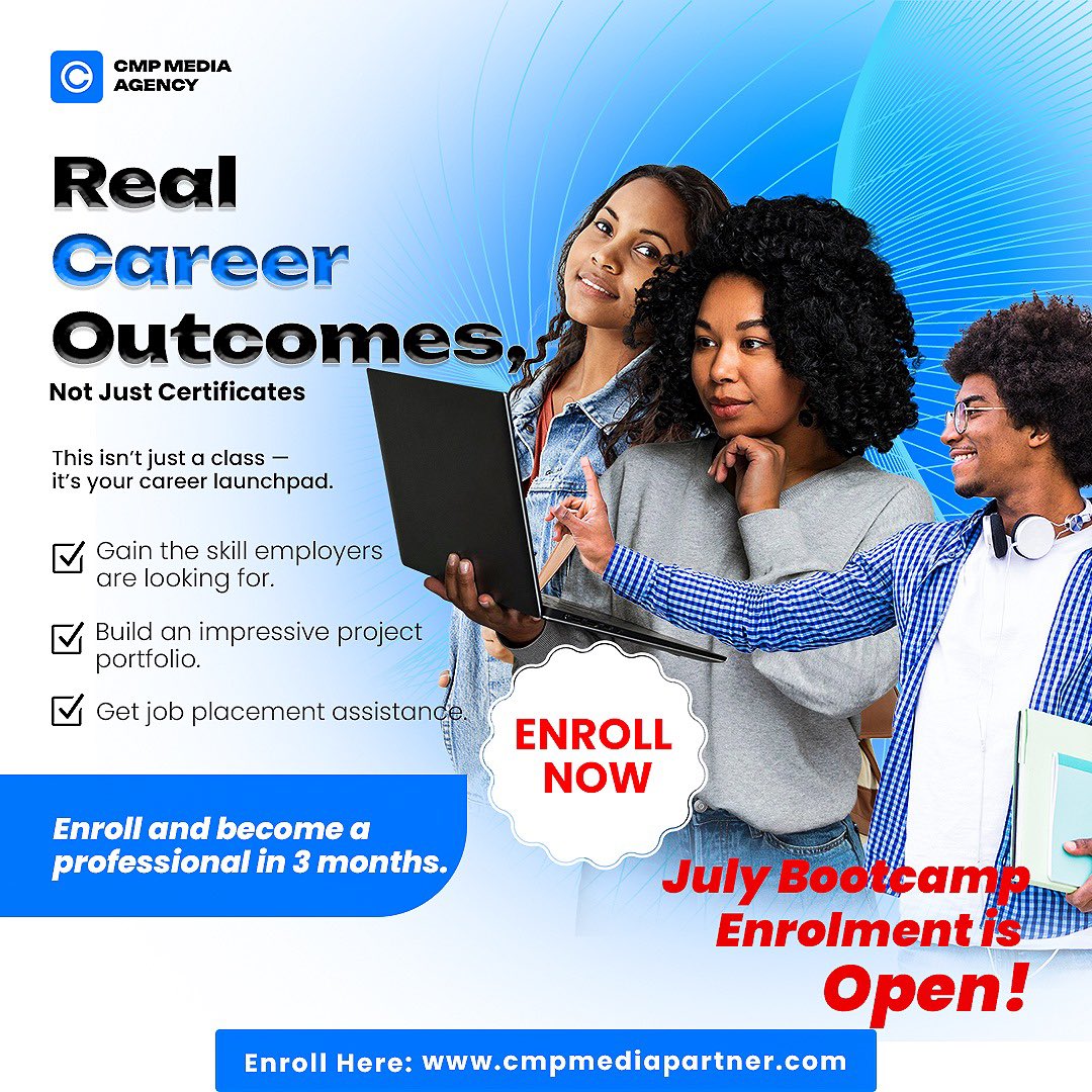 cmpmediapartner's tweet photo. This isn’t just a class — it’s your career launchpad.
Learn real tech skills + get job placement support.
🎯 Enrolment for July Bootcamp is open!
👉 https://t.co/Z8ay4J7n0w

#careerlaunchpad #cmpmediabootcamp #jobreadyskills #techskills https://t.co/FNKREp9zVI
