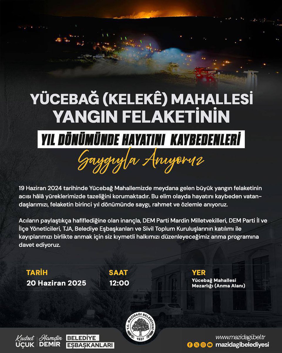 Yücebağ (Kelekê) Mahallesi Yangın Felaketinin Yıl Dönümünde Hayatını Kaybedenleri Saygıyla Anıyoruz

19 Haziran 2024 tarihinde Yücebağ Mahallemizde meydana gelen büyük yangın felaketinin acısı hâlâ yüreklerimizde tazeliğini korumaktadır. Bu elim olayda hayatını kaybeden