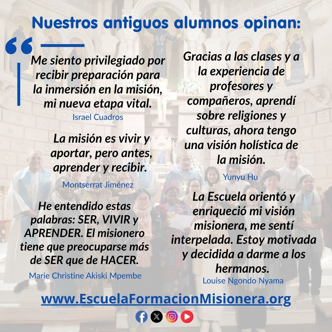 ¿Te preparas para salir a la misión ad gentes? ¿Llegas a España como destino de misión?  Si eres religioso, laico o sacerdote, la Escuela de Formación Misionera es para ti.
El próximo curso dará comienzo el 15 de septiembre.
Toda la información en EscuelaFormacionMisionera.org/curso-2025