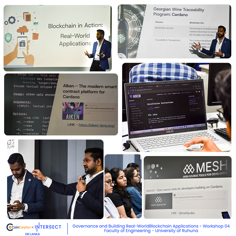 IntersectSriL's tweet photo. We successfully concluded the 4th and final session of our "Mastering Blockchain Technology & Building on @Cardano" workshop series at the University of Ruhuna. This final session focused on introducing students to building real-world blockchain applications using tools such as @meshsdk and @aiken_eng decentralized governance, and the Cardano Academy certification program.

This marked the completion of a month-long educational journey, where over 168 students from the Faculty of Engineering actively participated and engaged in hands-on learning experiences across all four workshops. As a culmination, a Certificate of Participation was awarded to all completing students in a special ceremony.

We extend our special thanks to the IEEE Student Branch and the Computer Society of the University of Ruhuna for their collaboration, as well as to Dr. Kushan Sudheera, Senior Lecturer of the Department of Electrical and Information Engineering, for his continuous support in making this initiative a success.

This workshop series was hosted by the @Coin_Ceylon x @IntersectMBO #SriLanka Hub as part of our mission to expand blockchain education and Cardano ecosystem awareness in Sri Lanka’s academic institutions.