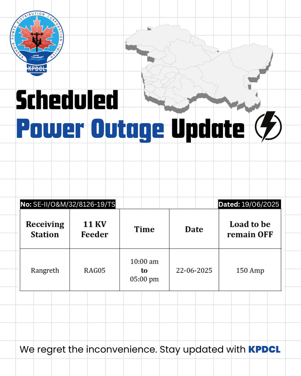 Official account of KPDCL (@kpdclofficial) on Twitter photo Scheduled Power Shutdown Update of 11 KV Rangreth feeder.
Stay prepared!
We regret the inconvenience caused.
#KPDCL #SHUTDOWN
<a href="/CM_JnK/">Office of Chief Minister, J&K</a> <a href="/OfficeOfLGJandK/">Office of LG J&K</a> <a href="/diprjk/">Information & PR, J&K</a> <a href="/nasirsogami/">Nasir Sogami</a> <a href="/DivComKash/">Divisional Commissioner Kashmir</a> <a href="/GreaterKashmir/">Greater Kashmir</a> <a href="/RisingKashmir/">Rising Kashmir</a> Scheduled Power Shutdown Update of 11 KV Rangreth feeder.
Stay prepared!
We regret the inconvenience caused.
#KPDCL #SHUTDOWN
<a href="/CM_JnK/">Office of Chief Minister, J&K</a> <a href="/OfficeOfLGJandK/">Office of LG J&K</a> <a href="/diprjk/">Information & PR, J&K</a> <a href="/nasirsogami/">Nasir Sogami</a> <a href="/DivComKash/">Divisional Commissioner Kashmir</a> <a href="/GreaterKashmir/">Greater Kashmir</a> <a href="/RisingKashmir/">Rising Kashmir</a>
