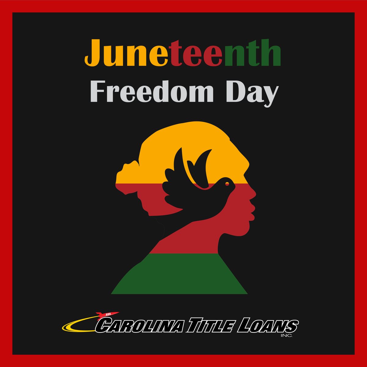 Happy Juneteenth! 🕊️🇺🇸 Celebrating freedom and equality! 💪 Carolina Title Loans, Inc. is proud to be part of South Carolina's vibrant community. ❤️ Share what Juneteenth means to you! 👇 

#Juneteenth #SouthCarolina #CommunityUnity #Unity #Freedom #Equality #CarolinaTitleLoans