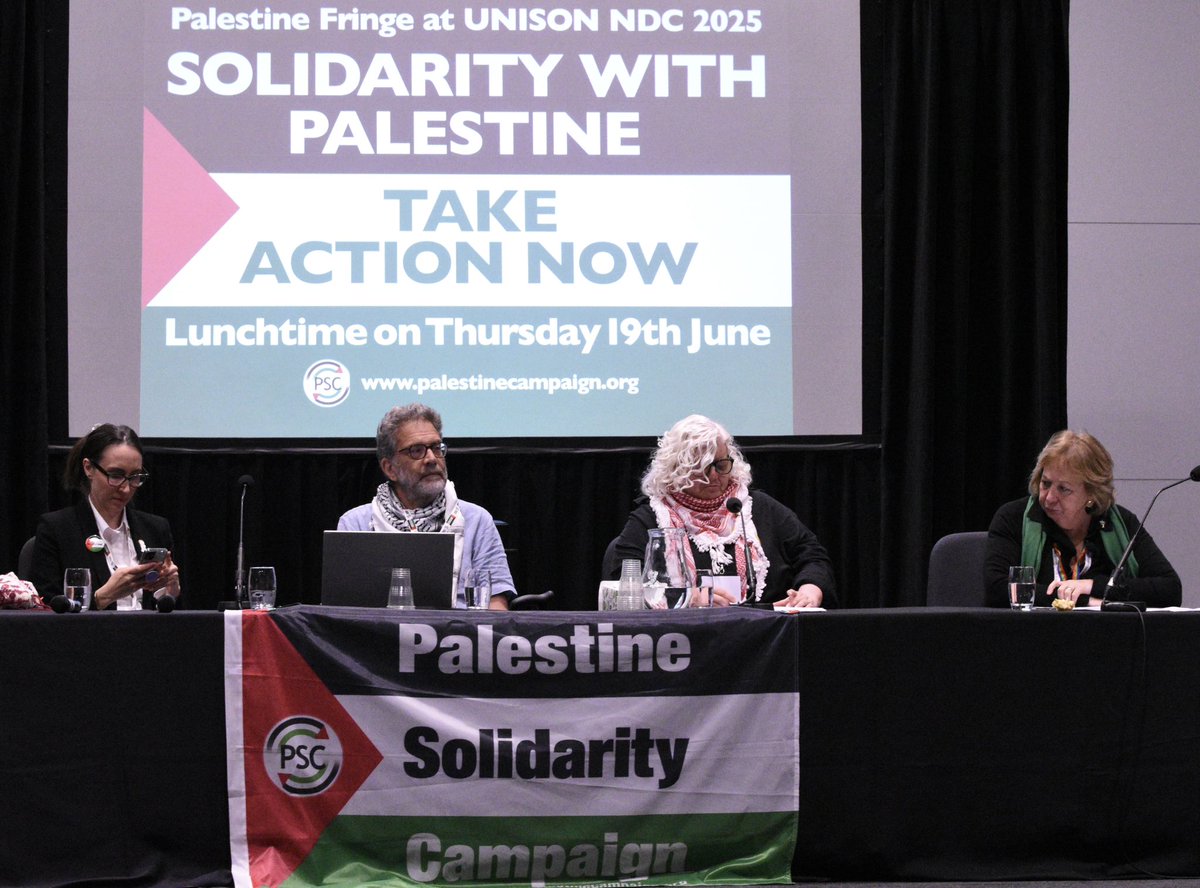 unisonnhsggc's tweet image. 🇵🇸 A poignant fringe event today on the Palestine Solidarity Campaign, with powerful contributions from UNISON&apos;s General Secretary, the Director of @PSCupdates, CEO of @HCW4Palestine and the General Secretary of the Palestinian Federation of Trade Unions.