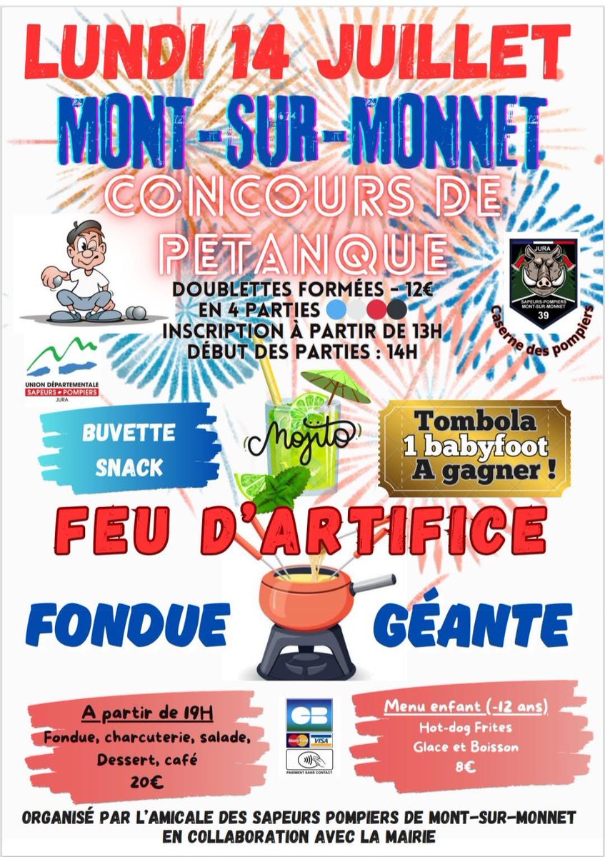 UDSP 39 (@udsp_39) on Twitter photo #ViedesAmicales🚒| Rendez-vous le 14 juillet à Mont-sur-Monnet pour un concours de pétanque, fondue géante et un feu d’artifice ! Sans oublier buvette, snack et une tombola ! 👌🏻 <a href="/guyon_j/">GUYON Jérôme</a> <a href="/ClmentComte1/">Clément Comte</a> <a href="/Rondot_Raphael/">Raphaël Rondot</a> <a href="/RICHARD_Sy25/">RICHARD Sylvain</a> <a href="/eleonore_vrmr/">eleonore</a> <a href="/micka39/">Mickael Puyfages</a> <a href="/ThomasP70091102/">Thomas Philippe</a> <a href="/SDIS39/">SDIS du Jura</a> #ViedesAmicales🚒| Rendez-vous le 14 juillet à Mont-sur-Monnet pour un concours de pétanque, fondue géante et un feu d’artifice ! Sans oublier buvette, snack et une tombola ! 👌🏻 <a href="/guyon_j/">GUYON Jérôme</a> <a href="/ClmentComte1/">Clément Comte</a> <a href="/Rondot_Raphael/">Raphaël Rondot</a> <a href="/RICHARD_Sy25/">RICHARD Sylvain</a> <a href="/eleonore_vrmr/">eleonore</a> <a href="/micka39/">Mickael Puyfages</a> <a href="/ThomasP70091102/">Thomas Philippe</a> <a href="/SDIS39/">SDIS du Jura</a>