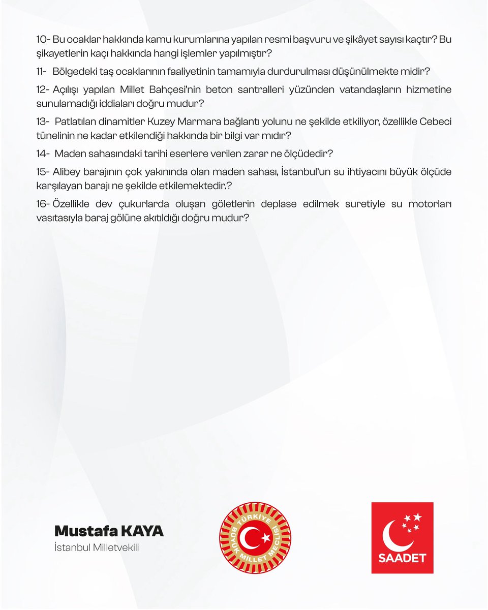 📍İstanbul - Sultangazi  Cebeci Mahallesi

Taş ocaklarının çevre ve sosyal açıdan oluşturduğu iddia edilen zararların sonuçları ile ilgili Bakan Sayın Murat Kurum’un cevaplaması talebiyle hazırladığımız Soru Önergesini Meclis Başkanlığına sunduk.