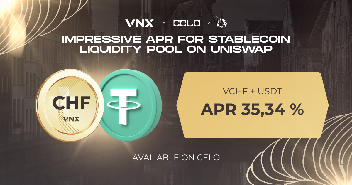VNX (@vnx_platform) on Twitter photo We’re pleased to introduce 🇨🇭 Swiss Franc liquidity pool on <a href="/Celo/">Celo.eth/acc 🦇 🌳</a> — continuing our focus on low-risk, yield-generating opportunities.
💧 $VCHF / $USDT on <a href="/Uniswap/">Uniswap Labs 🦄</a>, powered by <a href="/merkl_xyz/">Merkl</a>
💥 Impressive APR: 35.34%
🔒 Low risk: dual-stablecoin structure minimizes volatility and We’re pleased to introduce 🇨🇭 Swiss Franc liquidity pool on <a href="/Celo/">Celo.eth/acc 🦇 🌳</a> — continuing our focus on low-risk, yield-generating opportunities.
💧 $VCHF / $USDT on <a href="/Uniswap/">Uniswap Labs 🦄</a>, powered by <a href="/merkl_xyz/">Merkl</a>
💥 Impressive APR: 35.34%
🔒 Low risk: dual-stablecoin structure minimizes volatility and