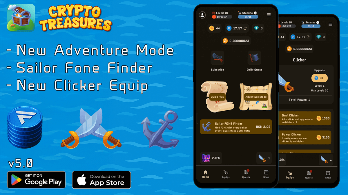 Hello Everyone,

We are excited to announce that a massive new version of Crypto Treasures is live!

Download or update to version 5.0:

Google Play: play.google.com/store/apps/det…
Apple App Store: apps.apple.com/us/app/crypto-…

1. Adventure Mode:
Available at Level 10
Start a new adventure