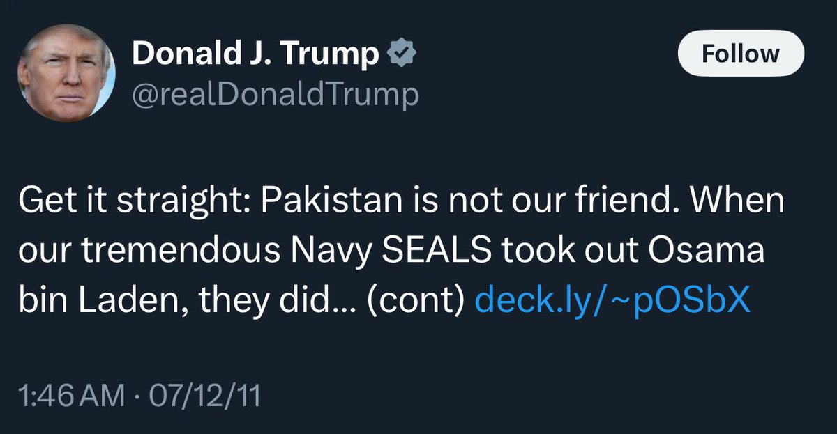 AsYouNotWish's tweet photo. From “Pakistan is not our friend” to “I love Pakistan,” Donald Trump has come a long way. https://t.co/sCvrAR9EnW