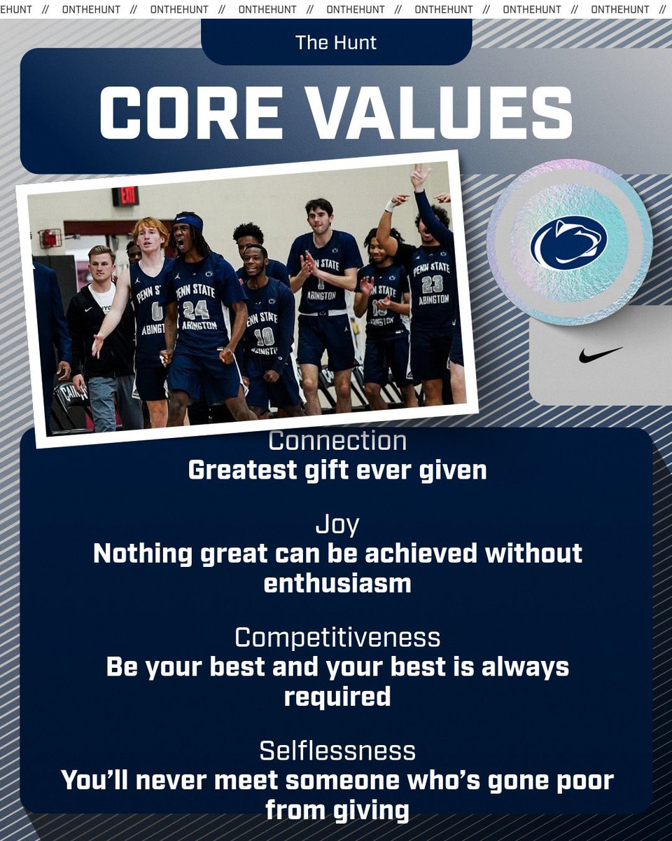 The Hunt is guided by our four core values of 

• Connection 
• Joy
• Competitiveness 
• Selflessness 

Excited for the journey #OnTheHunt #D3Hoops