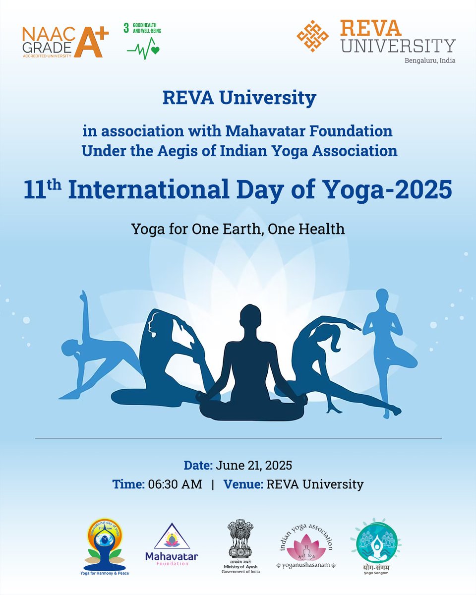 REVA University invites you to breathe deeper, stretch further, and reconnect within and beyond. On June 21, join us in celebrating the 11th International Day of Yoga with transformative sessions led by inspiring speakers and healing practitioners, in association with the