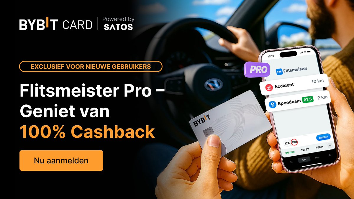 🚗 Flitsmeister PRO met 100% cashback via de Bybit Card

Nieuwe gebruikers in Nederland ontvangen 100% cashback (tot $25) op een Flitsmeister-abonnement bij betaling met de Bybit Card 💳

Voordelen van Flitsmeister PRO:
- Geen advertenties
- Ondersteuning voor CarPlay &amp; Android
