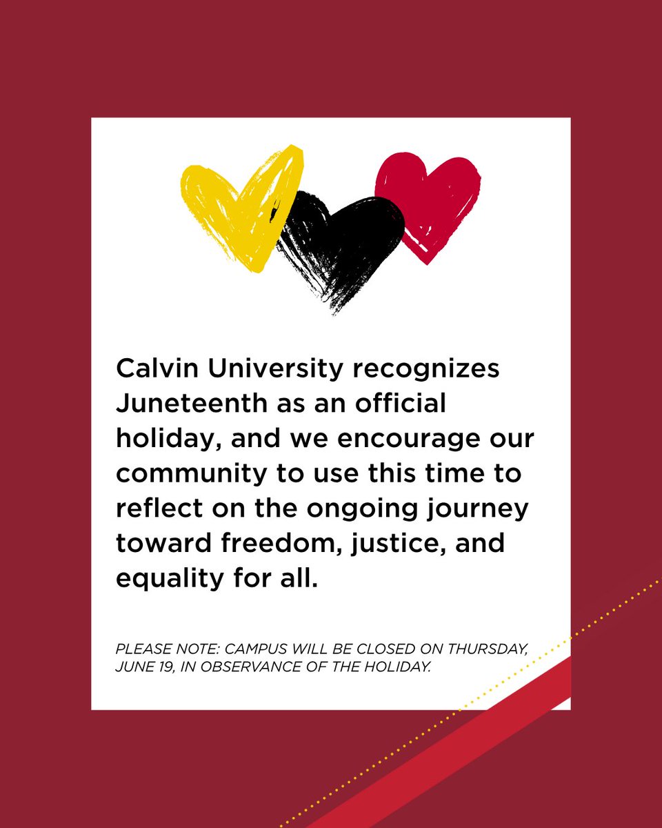Calvin_Uni's tweet image. Today we honor Juneteenth — a celebration of freedom, culture, and the enduring contributions of African Americans. As bearers of God’s image, we pursue justice, healing, and community. Calvin will be closed Thursday, June 19, in observance.