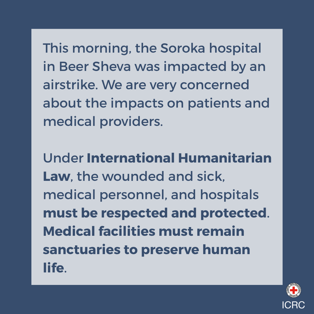 This morning, the Soroka hospital in Beer Sheva was impacted by an airstrike. 

We are very concerned about the impacts on patients and medical providers.