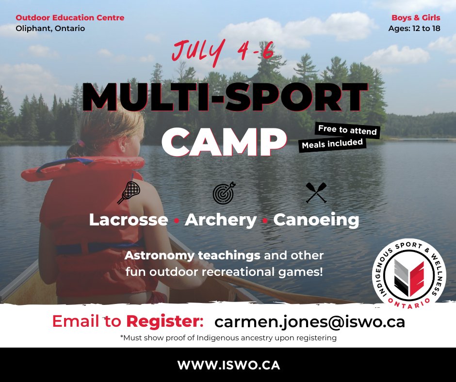 Indigenous Sport & Wellness Ontario (@iswo_ca) on Twitter photo Join us for ISWO's FREE Multi-Sport Camp 🏹🛶🥍
Spaces are limited—register now to secure your spot! ⏳
Proof of Indigenous ancestry is required upon registration.
Register by emailing carmen.jones@iswo.ca 📧
#iswo #activatingwellness #multisportcamp Join us for ISWO's FREE Multi-Sport Camp 🏹🛶🥍
Spaces are limited—register now to secure your spot! ⏳
Proof of Indigenous ancestry is required upon registration.
Register by emailing carmen.jones@iswo.ca 📧
#iswo #activatingwellness #multisportcamp