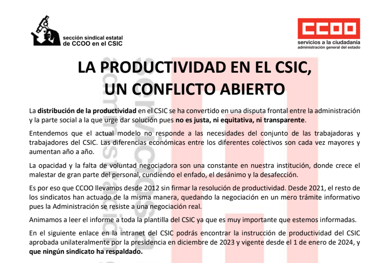 La distribución de la productividad en el <a href="/CSIC/">CSIC</a>  se ha convertido en una disputa frontal entre la administración y la parte social a la que urge dar solución pues no es justa, ni equitativa, ni transparente. //<a href="/CCOO_CSIC/">CCOO-CSIC</a> más detalles en.
sae.fsc.ccoo.es/cms.php?cd_cms…