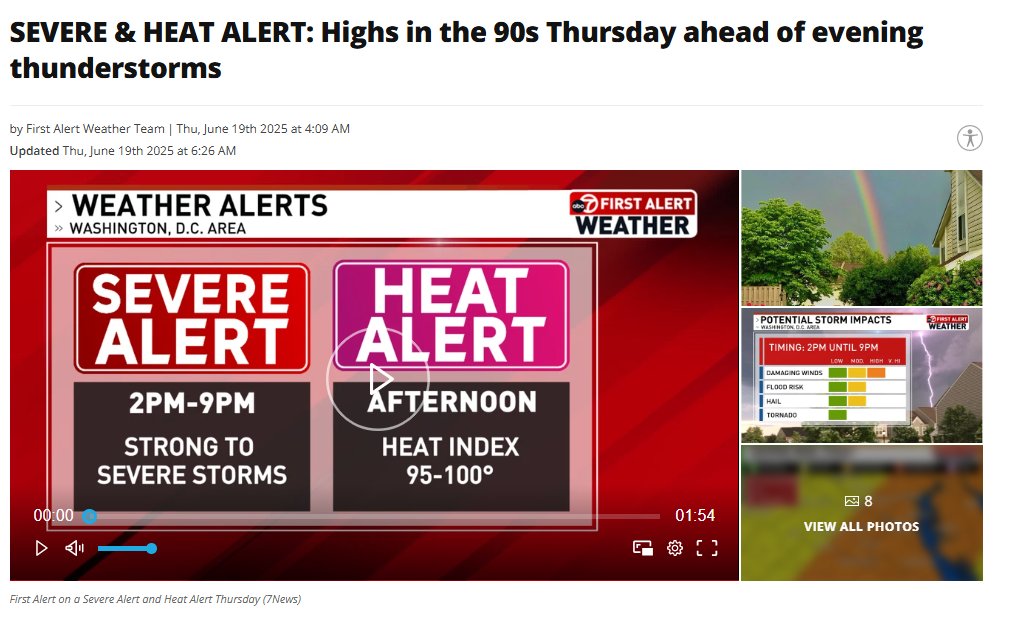 Get ready for an active weather day! ⛈️🥵

Heat + Humidity + Cold Front = Potential for Severe Storms 

Have a way to get weather alerts and a place to seek shelter should a thunderstorm develop 📲

Read more: wjla.com/weather/first-…