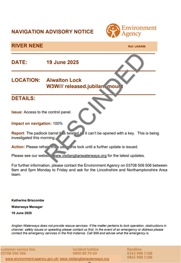 Please note that the Navigation Advisory Notice for Alwalton Lock issued earlier today is now rescinded.