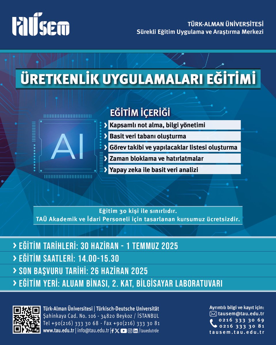 TAÜ-SEM (@tau_sem) on Twitter photo TAÜ-SEM tarafından sosyal sorumluluk çalışmaları kapsamında TAÜ personeline özel ücretsiz 'Üretkenlik Uygulamaları Eğitimi' hazırlanmıştır. Programla ilgili ayrıntılı bilgiye ve ön kayıt formuna takip eden linkten ulaşabilirsiniz 👉tausem.tau.edu.tr/%C3%BCretkenli… <a href="/tauedutrde/">Türk-Alman Üniversitesi</a> TAÜ-SEM tarafından sosyal sorumluluk çalışmaları kapsamında TAÜ personeline özel ücretsiz 'Üretkenlik Uygulamaları Eğitimi' hazırlanmıştır. Programla ilgili ayrıntılı bilgiye ve ön kayıt formuna takip eden linkten ulaşabilirsiniz 👉tausem.tau.edu.tr/%C3%BCretkenli… <a href="/tauedutrde/">Türk-Alman Üniversitesi</a>