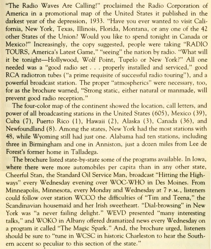 In the early days of radio, Americans were encouraged to tour the country using their radio receivers. Here's an excerpt from 𝘌𝘮𝘱𝘪𝘳𝘦 𝘰𝘧 𝘵𝘩𝘦 𝘈𝘪𝘳 by Tom Lewis: