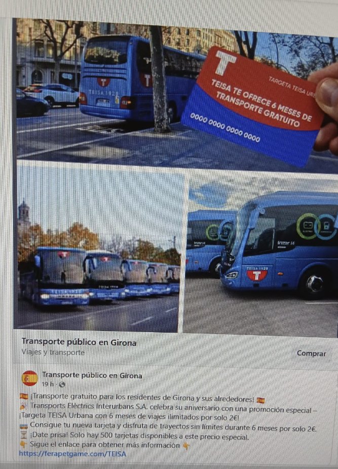 🔴ATENCIÓ: ESTAFA🔴
<a href="/mossos/">Mossos</a> i <a href="/Teisa1920/">TEISA - Transports Elèctrics Interurbans</a> informen que s'ha difós per internet una oferta enganyosa d'abonaments de viatges il·limitats per 2 € amb un enllaç per captar dades personals de forma il·lícita. No confieu en  ofertes d'aquest tipus, fora de canals oficials.