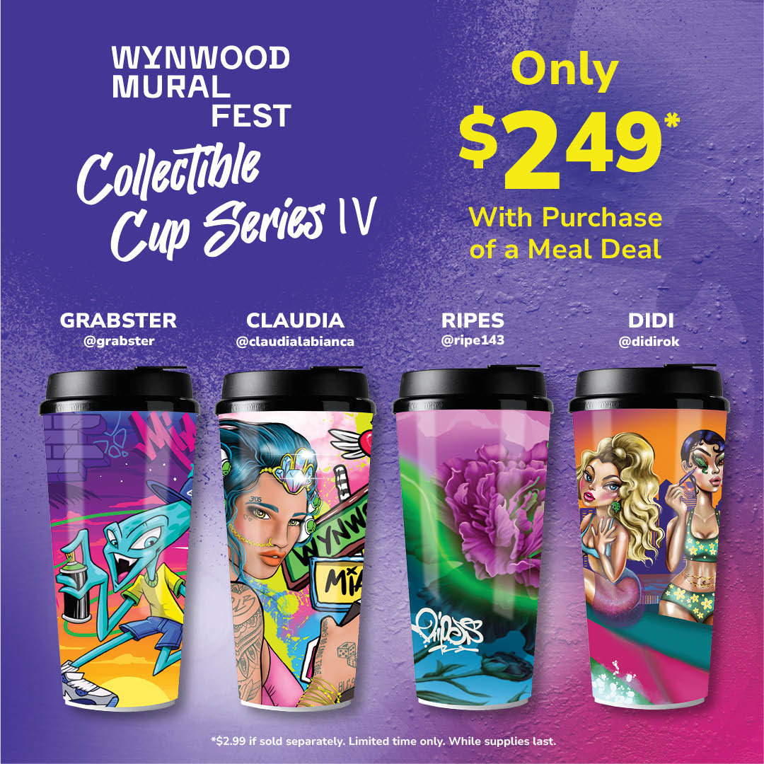 Art you can sip from 🎨 Don’t forget! Our Wynwood Collectible Cup are still avaliable! Get you series IV cups before they're gone!
Just $2.49 each with any Meal Deal purchase 💥
#MiamiGrill #WynwoodCups #LimitedEdition #wynwoodmuralfest