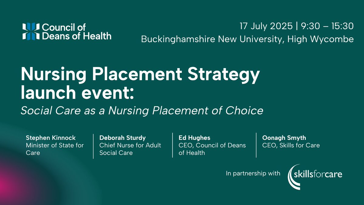 Join us for the launch of the first ever strategy for social care in practice learning and curriculum of nursing education programmes.

You will hear from key speakers and participate in Q&amp;As. Register by 27 June: bit.ly/4l8TNyB 

#SocialCare #NursingPlacement