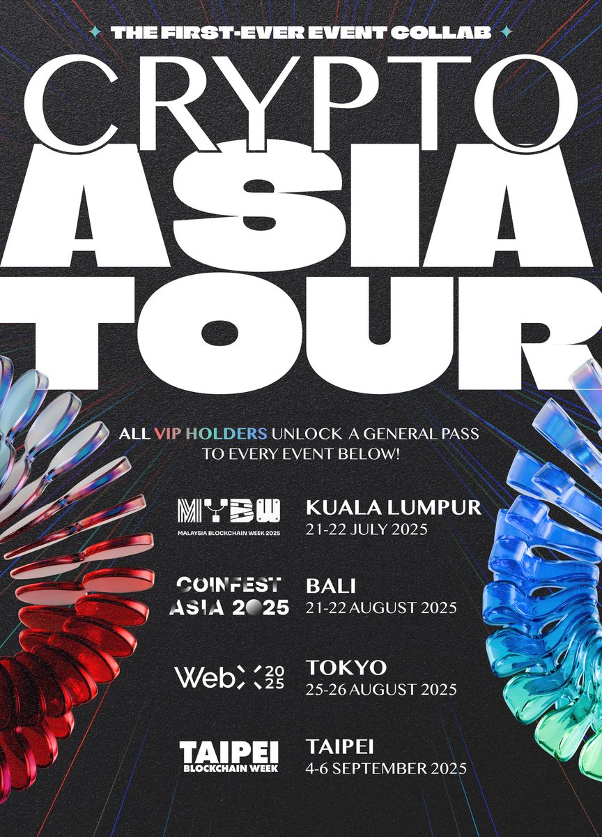 Coinfest Asia (@coinfestasia) on Twitter photo THE FIRST-EVER OFFICIAL CRYPTO ASIA TOUR 2025 ✈️
🇲🇾 Kuala Lumpur: Malaysia Blockchain Week — July 21–22 (<a href="/MalaysiaBCW/">MY Blockchain Week</a>)
🇮🇩 Bali: Coinfest Asia — August 21–22 (<a href="/CoinfestAsia/">Coinfest Asia</a>)
🇯🇵 Tokyo: WebX 2025 — August 25–26 (<a href="/WebX_Asia/">WebX 2025 (Aug 25-26)</a>)
🇹🇼 Taipei: Taipei Blockchain Week — September 4–6 THE FIRST-EVER OFFICIAL CRYPTO ASIA TOUR 2025 ✈️
🇲🇾 Kuala Lumpur: Malaysia Blockchain Week — July 21–22 (<a href="/MalaysiaBCW/">MY Blockchain Week</a>)
🇮🇩 Bali: Coinfest Asia — August 21–22 (<a href="/CoinfestAsia/">Coinfest Asia</a>)
🇯🇵 Tokyo: WebX 2025 — August 25–26 (<a href="/WebX_Asia/">WebX 2025 (Aug 25-26)</a>)
🇹🇼 Taipei: Taipei Blockchain Week — September 4–6
