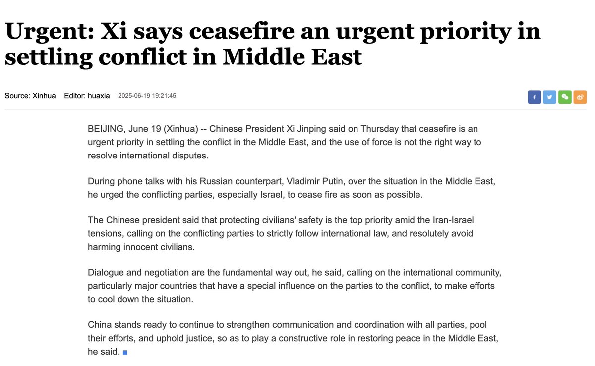 shen_shiwei's tweet photo. #LATEST 🇨🇳Chinese President Xi Jinping says ceasefire an urgent priority in settling conflict in #MiddleEast during his phone conversation with🇷🇺Russian President Vladimir Putin.

What are Chinese President Xi's four proposals?
1⃣Promoting a ceasefire and ending the hostilities is an urgent priority. 
2️⃣Ensuring the safety of civilians is of paramount importance.
3⃣Opening dialogue and negotiation is the fundamental way forward.
4⃣Efforts by the international community to promote peace are indispensable.

🇨🇳China stands ready to strengthen communication and coordination with all relevant parties, foster synergy, uphold justice, and play a constructive role in restoring peace in the Middle East.
#IsraeliranWar