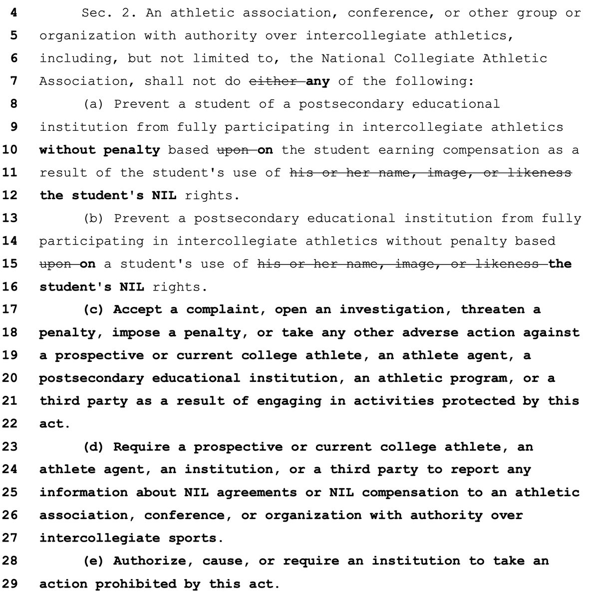 New Michigan bill would BAN schools from complying with #NIL investigations and PROHIBIT requiring the reporting of NIL deals to the NCAA/CSC/Deloitte. Civil remedies are available for violations. Love this.
legislature.mi.gov/documents/2025…