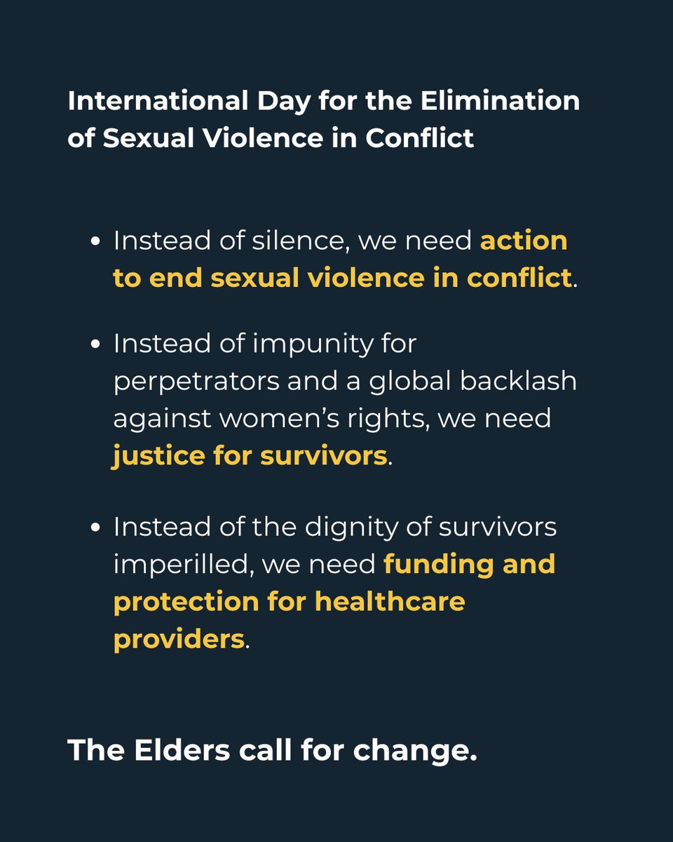 In 2000, the UN Security Council demanded that women and girls be protected from conflict-related sexual violence.

25 years on, sexual violence in conflict is rising, not falling, and increasingly targets children.

The Elders call for change.

#CRSVDay 🧵 (1/5)