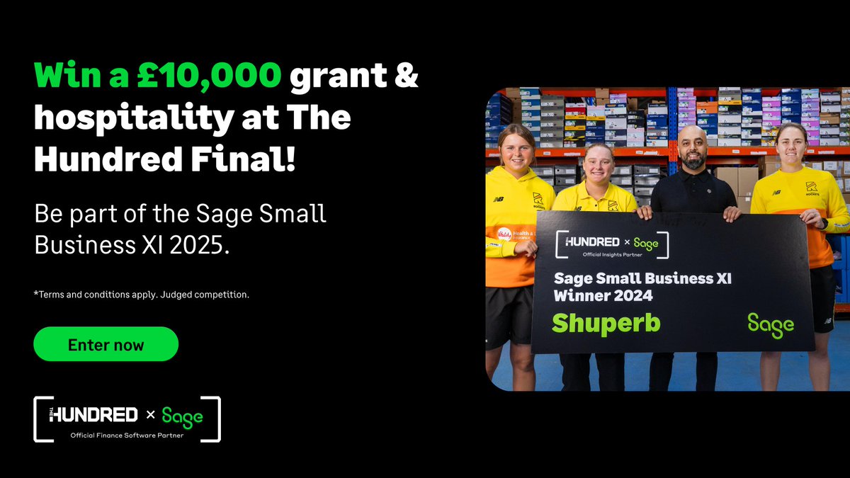 Win £10,000 to grow your business 🚀

<a href="/sageuk/">Sage UK</a> is giving small businesses the chance to win up to £10,000, national exposure, and 2 hospitality tickets to <a href="/thehundred/">The Hundred</a> Final 🏏

Enter by 12pm on 7 July ➡️ bit.ly/3Tu6urZ

T&amp;Cs apply. UK Only. 18+. Judged comp.