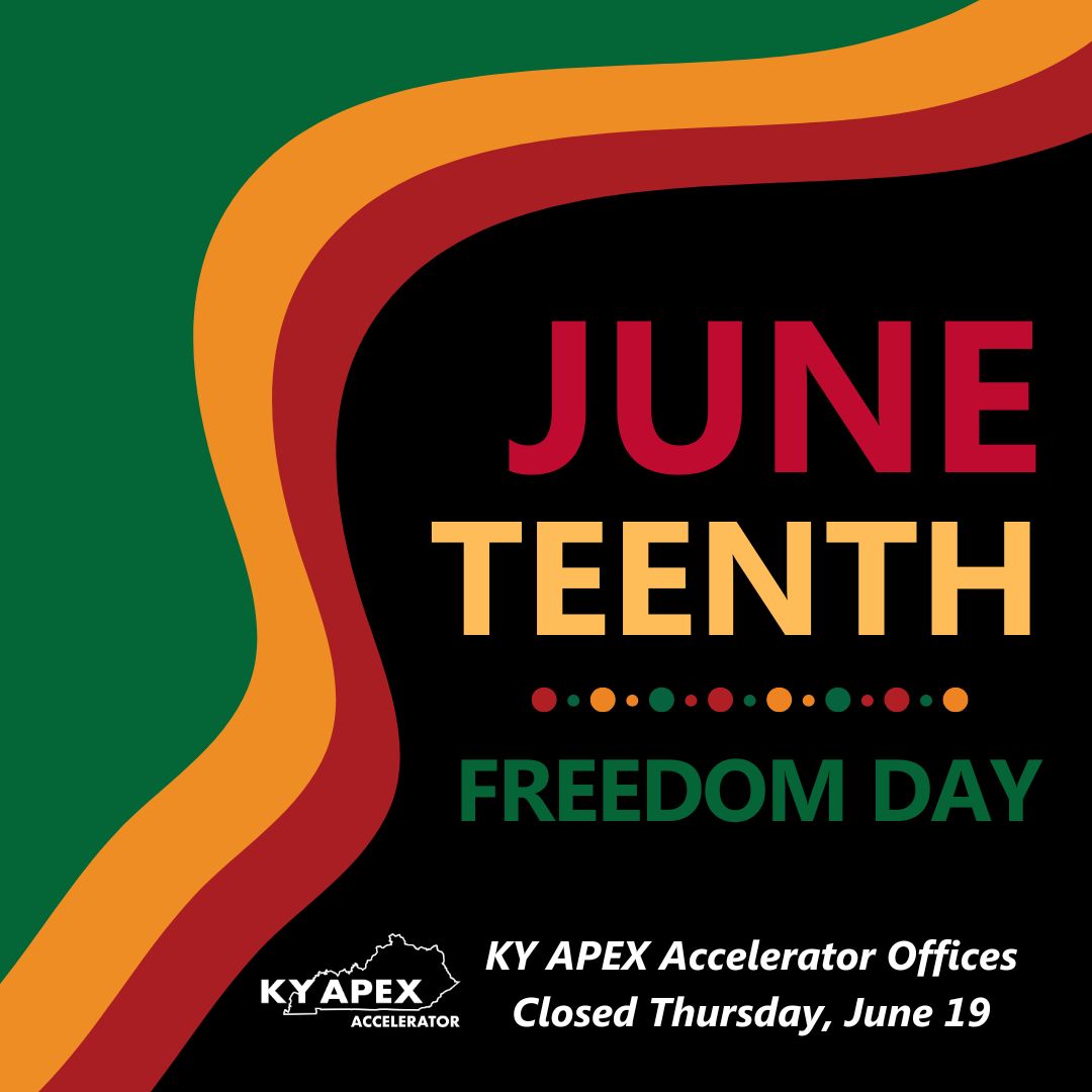 Kentucky APEX Accelerator (@kentuckyapex) on Twitter photo Happy Juneteenth from the <a href="/kentuckyapex/">Kentucky APEX Accelerator</a> team! Our offices will be closed statewide on Thursday, June 19 in observance of the Juneteenth holiday. Happy Juneteenth from the <a href="/kentuckyapex/">Kentucky APEX Accelerator</a> team! Our offices will be closed statewide on Thursday, June 19 in observance of the Juneteenth holiday.