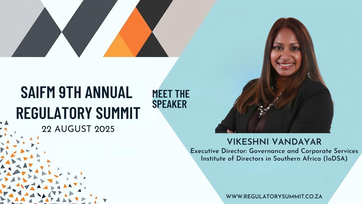 We are pleased to announce that Vikeshni Vandayar, Executive Director: Governance and Corporate Services at the Institute of Directors in Southern Africa (IoDSA), will be participating in a panel discussion at the upcoming SAIFM 9th Annual Regulatory Summit.
