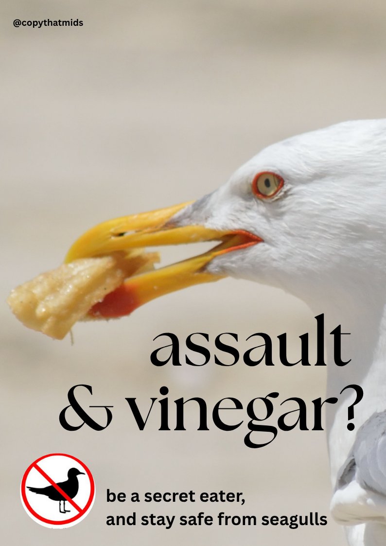 heather | copythat!midlandsltd. (@copythatmids) on Twitter photo One Minute Brief of the Day: Create a standout, shareable public awareness campaign that warns the public about the risk of seagull attacks — in a fun, visual, and uniquely British way. @oneminutebriefs <a href="/famouscampaigns/">Famous Campaigns</a> #StaySafeFromSeagulls One Minute Brief of the Day: Create a standout, shareable public awareness campaign that warns the public about the risk of seagull attacks — in a fun, visual, and uniquely British way. @oneminutebriefs <a href="/famouscampaigns/">Famous Campaigns</a> #StaySafeFromSeagulls