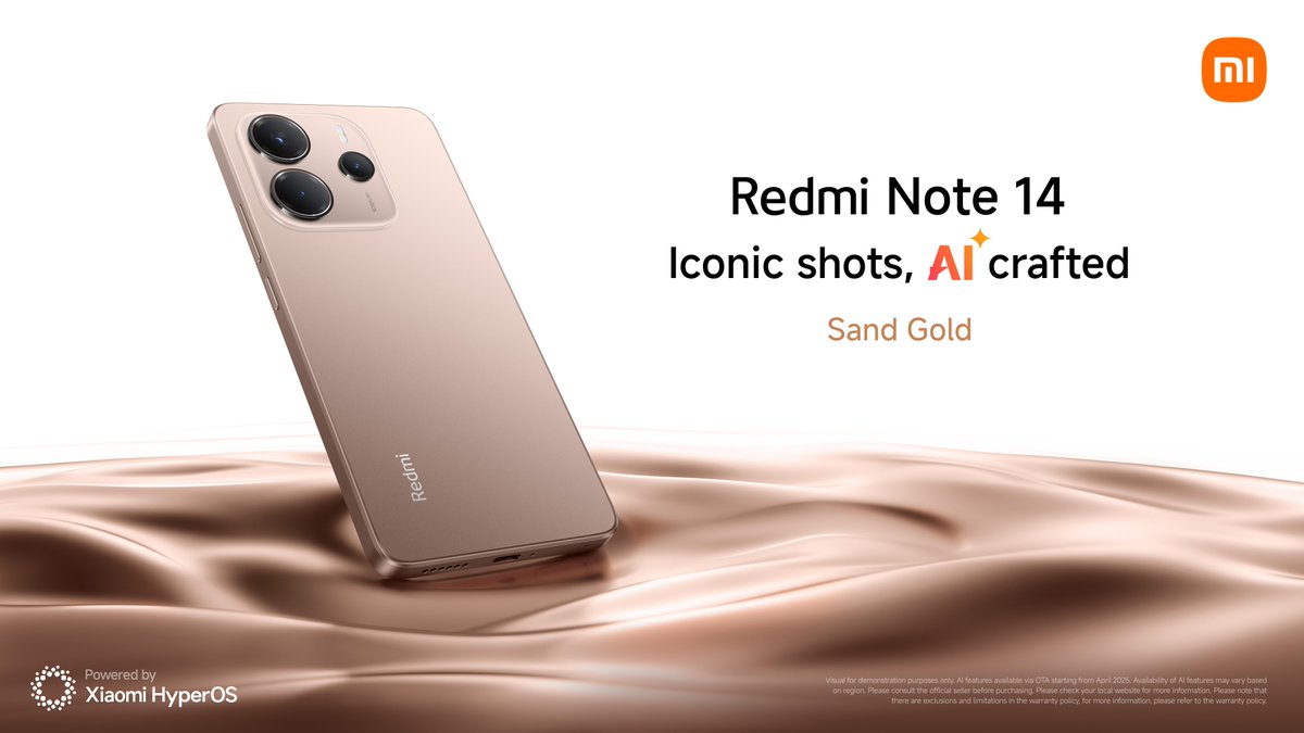 Xiaomi's tweet image. Light, sleek, and wrapped in Sand Gold. 💛 

Meet #RedmiNote14 in its warmest look yet. #SandGoldEdition 

Learn more: s.mi.com/0M68Ogd3