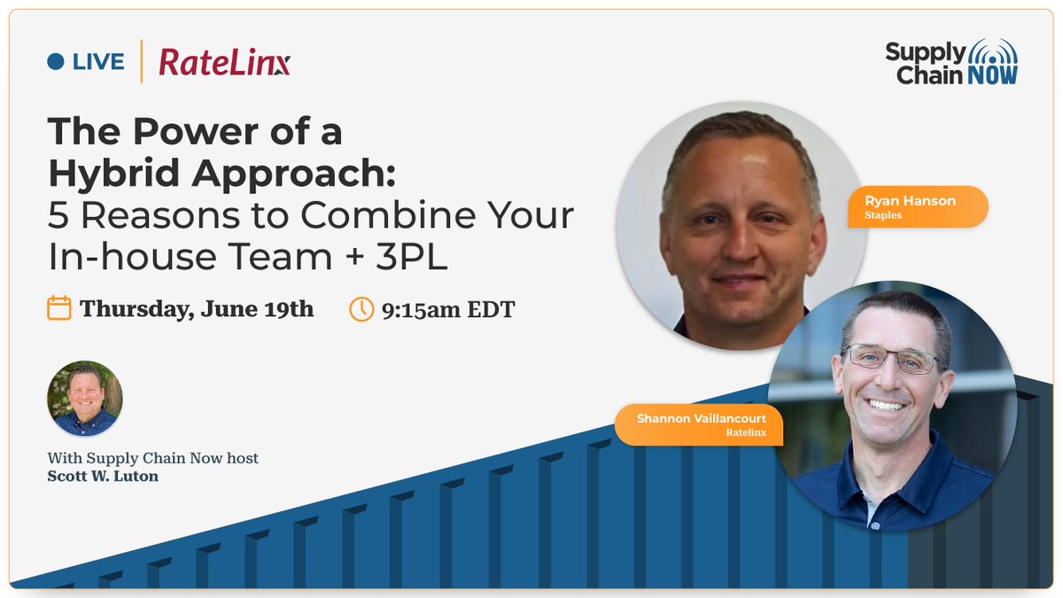 Join @Scottwluton, Ryan Hanson of @Staplesstores, and Shannon Vaillancourt of <a href="/RateLinx/">RateLinx</a>, today for a LS discussing how a hybrid logistics model can offer the best of both worlds.

 🔗 : hubs.ly/Q03sxmD90
